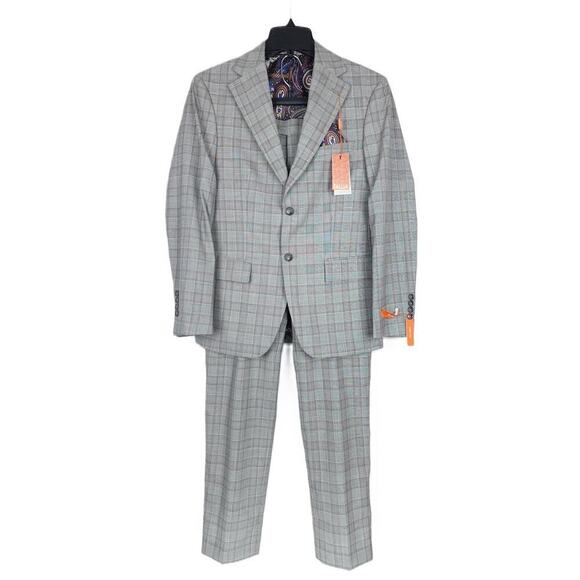 Tallia Men's Slim-Fit Stretch Wool 2-Piece Suit Cream/Brown Plaid 42S 32x32 NWT